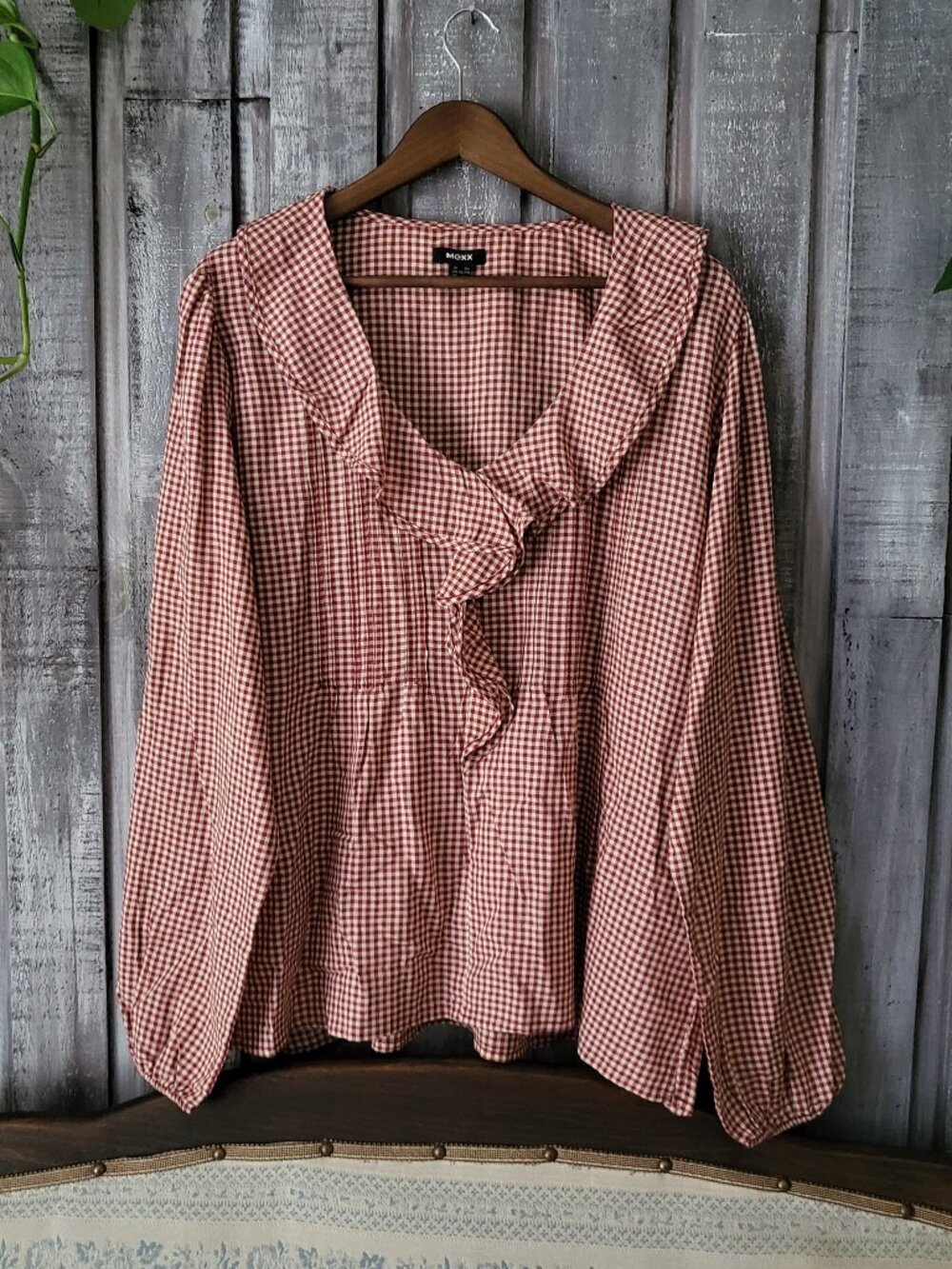 Mexx Gingham Plaid Ruffle Statement Collar Blouse NWOT XXL